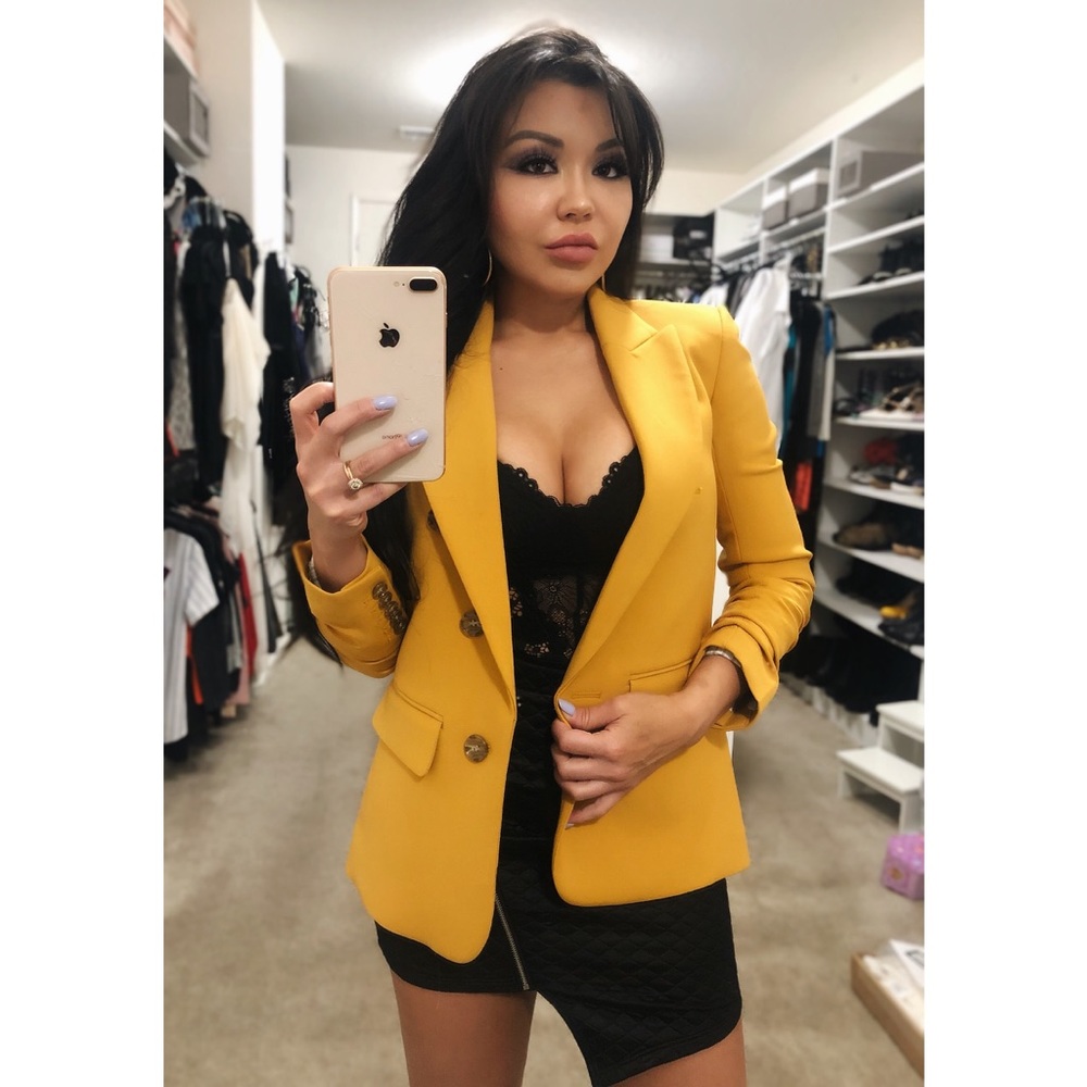 1. STATE Ruched Sleeve Yellow Blazer Honey Pot XXS